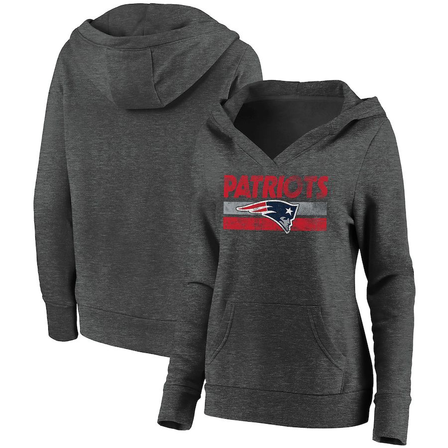 Women New England Patriots Fanatics Branded Heathered Charcoal First String V-Neck Pullover Hoodie->women nfl jersey->Women Jersey